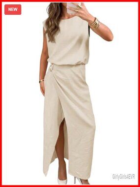 2 Piece Skirt Set Sleeveless Crop Tank Top & Split Maxi Skirt Beach Vacation